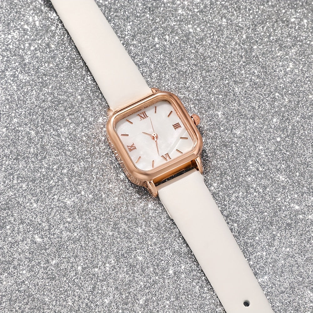 Elegant 5pcs Women'S Quartz Wristwatch and Jewelry Set with Square Alloy Case, Faux Leather Band, Non, Chic Simple Dial – Ideal for Work, Perfect Present for Halloween, Thanksgiving, Christmas