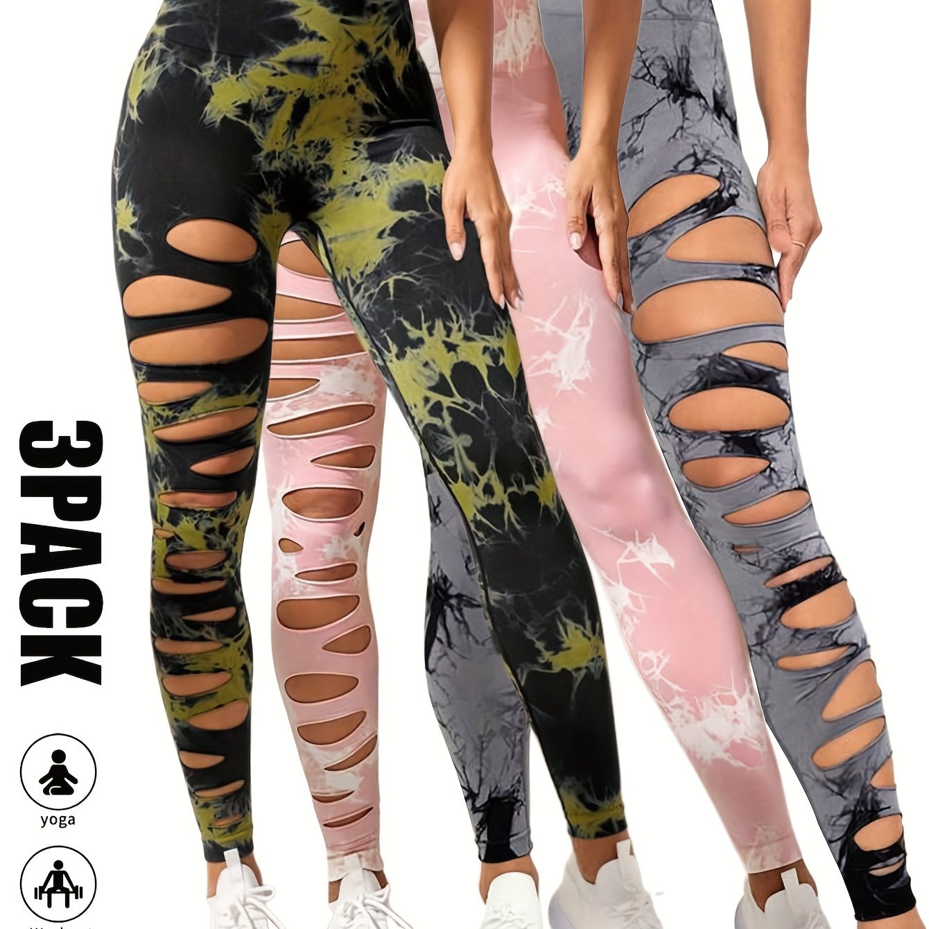 [3 Pack High Waist Yoga Leggings] 3 Pack Women's Tie Dye Cutout Tights High Waist Workout Yoga Leggings, Scrunch Butt Lifting Elastic Pants, Womens High Waist Yoga Pants Cutout Ripped Tummy Control Workout Running Yoga Skinny