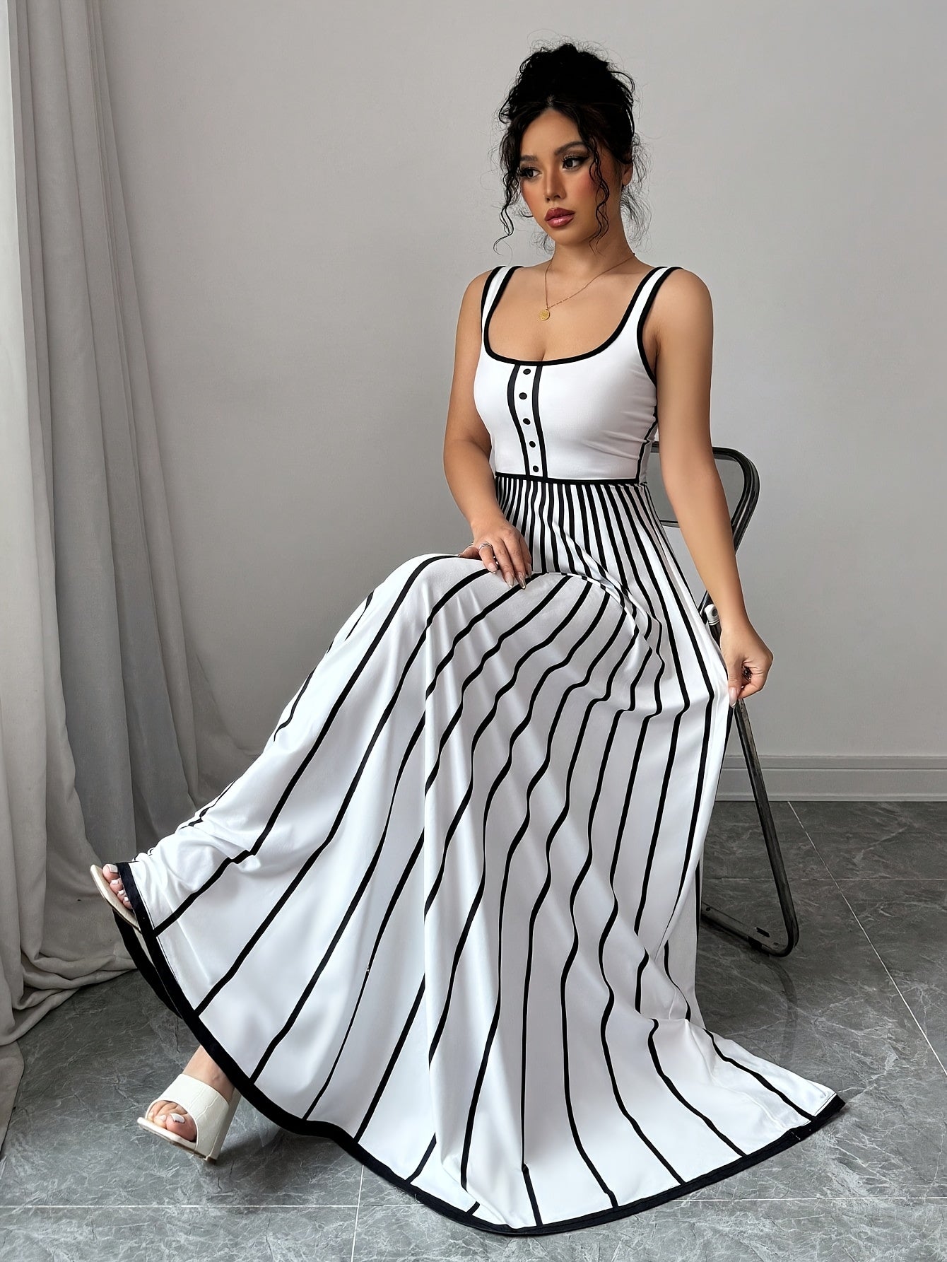 Elegant Striped Sleeveless Maxi Dress for Women - Square Neck, Button Detail, Black & White Vertical Stripes, Flowy Design, Machine Washable, Perfect for Casual or Chic Outfits
