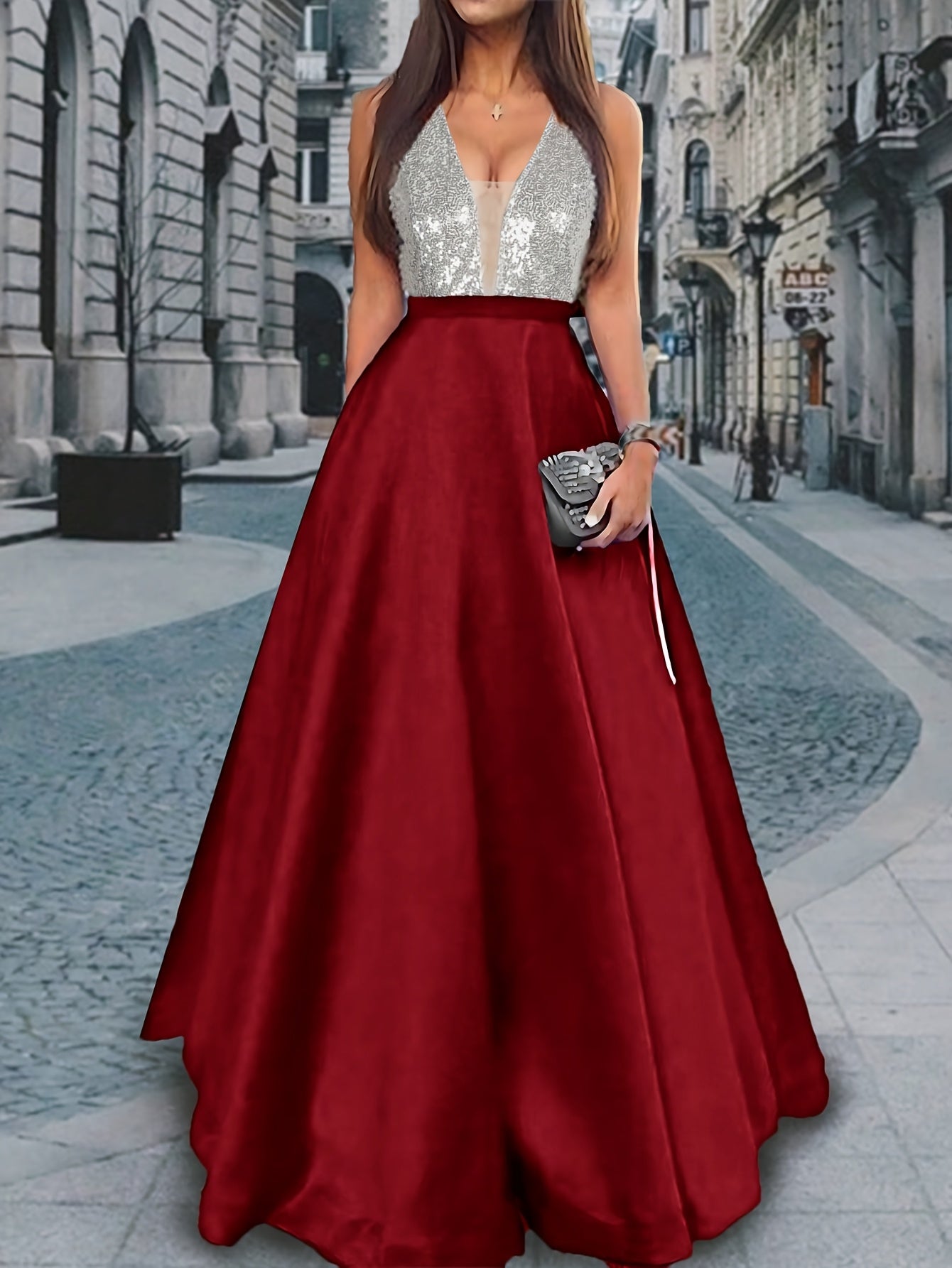 Women's Elegant Sleeveless Deep V-Neck Sequin & Satin Evening Gown - A-Line Mermaid Formal Dress with Super Long Train for Weddings, Galas & Special Occasions, Wedding Guest Attire | Sequined Bodice