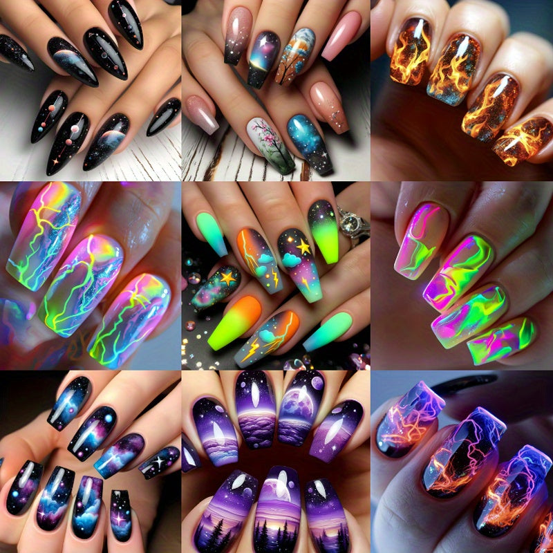 216PCS (9pcs)Vibrant Pressing Nail Set - Mixed Colors with Medium Almond Shapes of Flowers, Universe, and Geometric Patterns, Glossiness - Multiple Styles, Suitable for Fashionable Nail Art, Vibrant Nail Care Patterns, Nail A