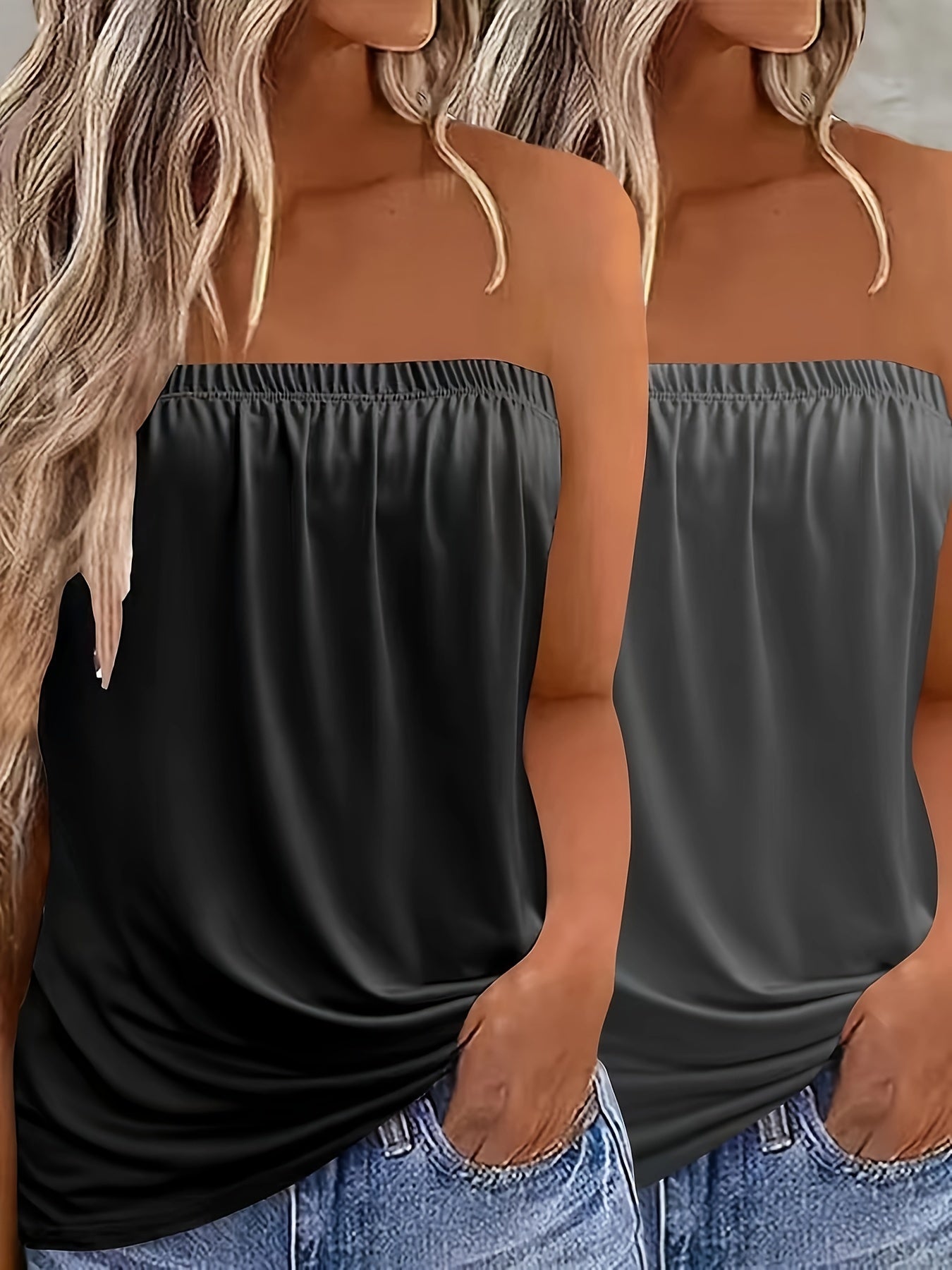 2-Pack Elegant Strapless Bandeau Top, Solid Color Jersey Knit Fabric, Stretchy Polyester 100% Sleeveless Backless Summer Tank Tops