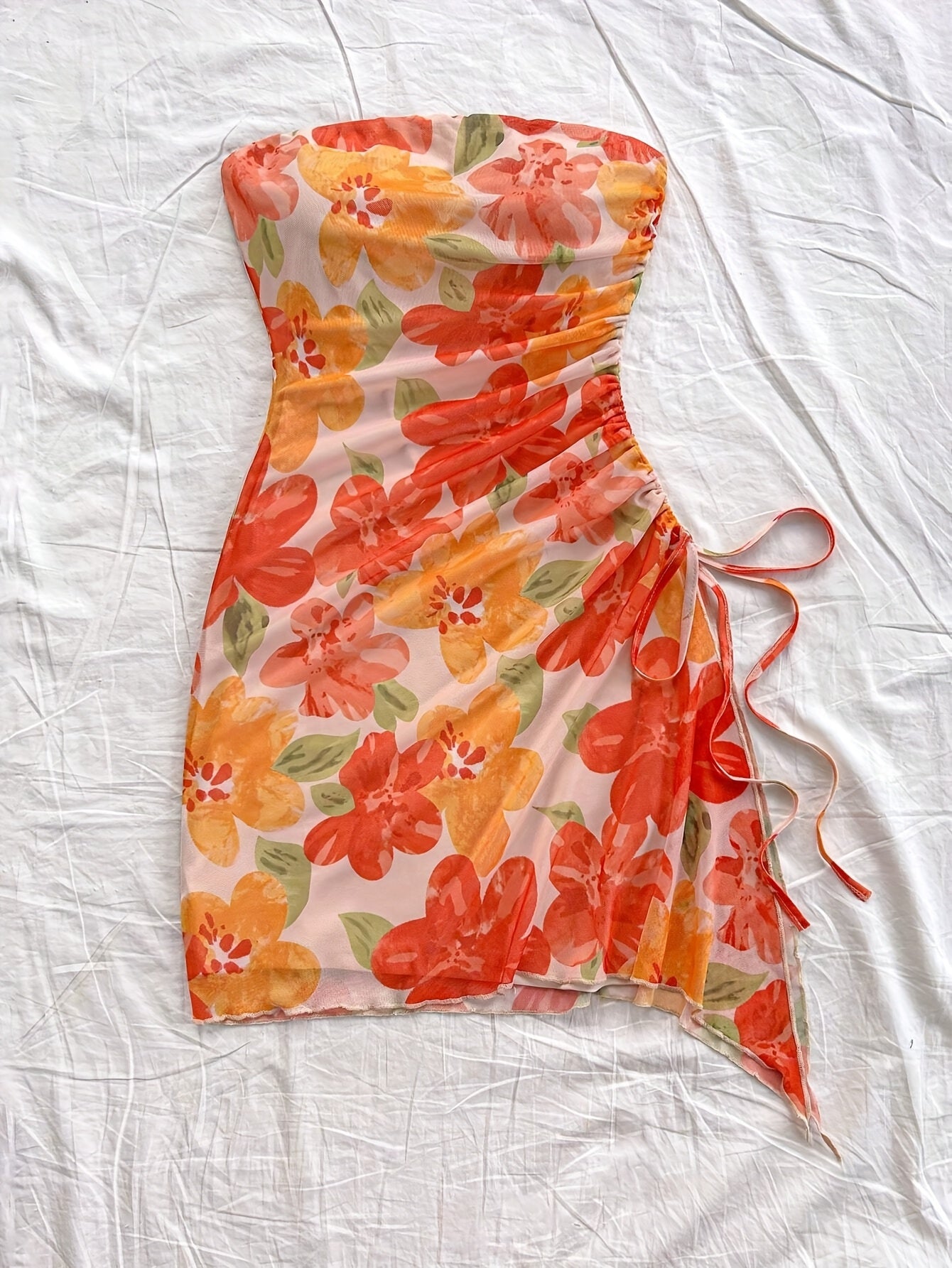 Women's Middle Eastern-Inspired Off-Shoulder Strapless Mesh Dress with Adjustable Side Drawstring Hem & Irregular Floral Print - Semi-Sheer All-Season Machine Washable Elegant Casual to Formal Wear, Beach Coverup, Flowy Const