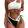 Women Tankini Swimsuits Cutout One Shoulder Bra and Contrast Color Tie up Briefs Sets for Summer Beachwear Bathing Suit