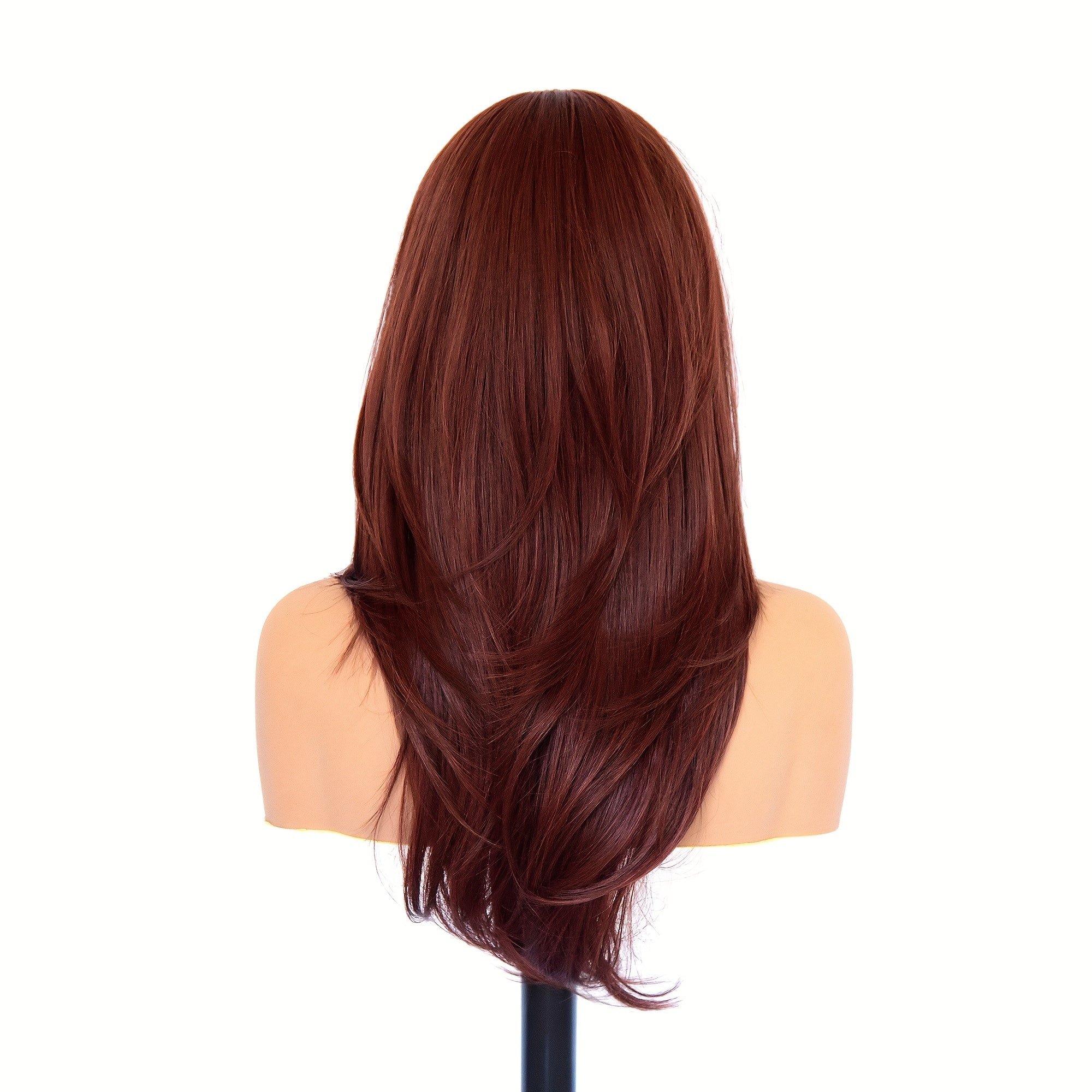 Glueless Synthetic Wigs For Women, Natural Straight Layered Wigs With Bangs, Copper Red Wigs, Brown Wigs, 20 Inches Shoulder Length
