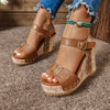 Women'S Fashionable Platform Sandals - Brown Synthetic, Buckle Closure, Open Toe, High Heel, Stylish Ankle Strap with Beaded Detail, Summer Footwear|Stylish High Heel|Platform Sandals