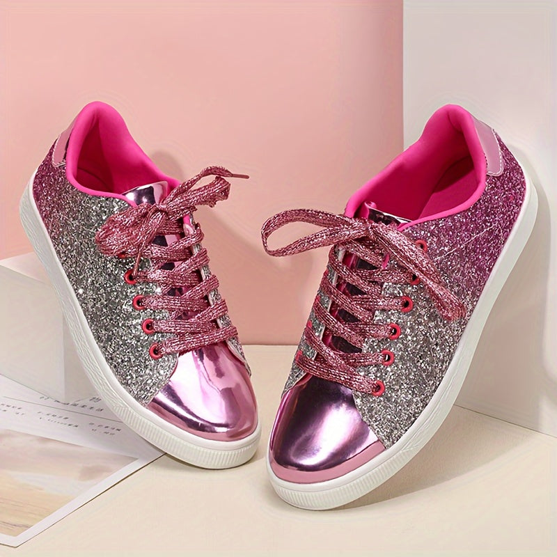 Women's Glitter Sneakers - Casual Athletic Flat Shoes, Fashionable Low Top Lace-up Fashion Skate Shoes - Plus Size - For Women - Suitable for Casual Wear, Sports & Parties - Perfect Gift for Fashionable Women