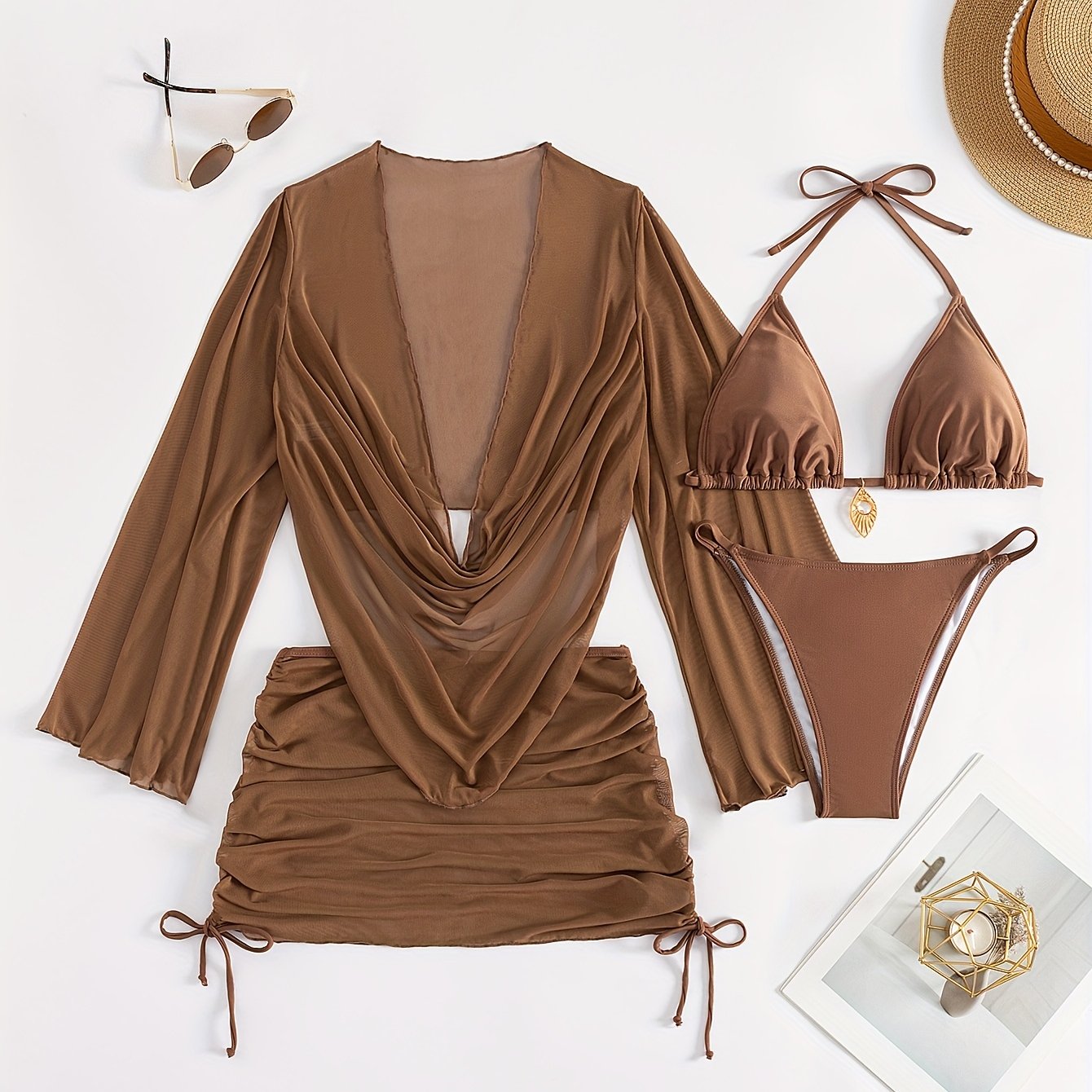 [Sexy Bikini Set] Stylish Sexy Four-Piece Bikini Set with Sheer Cover-Up, European and American