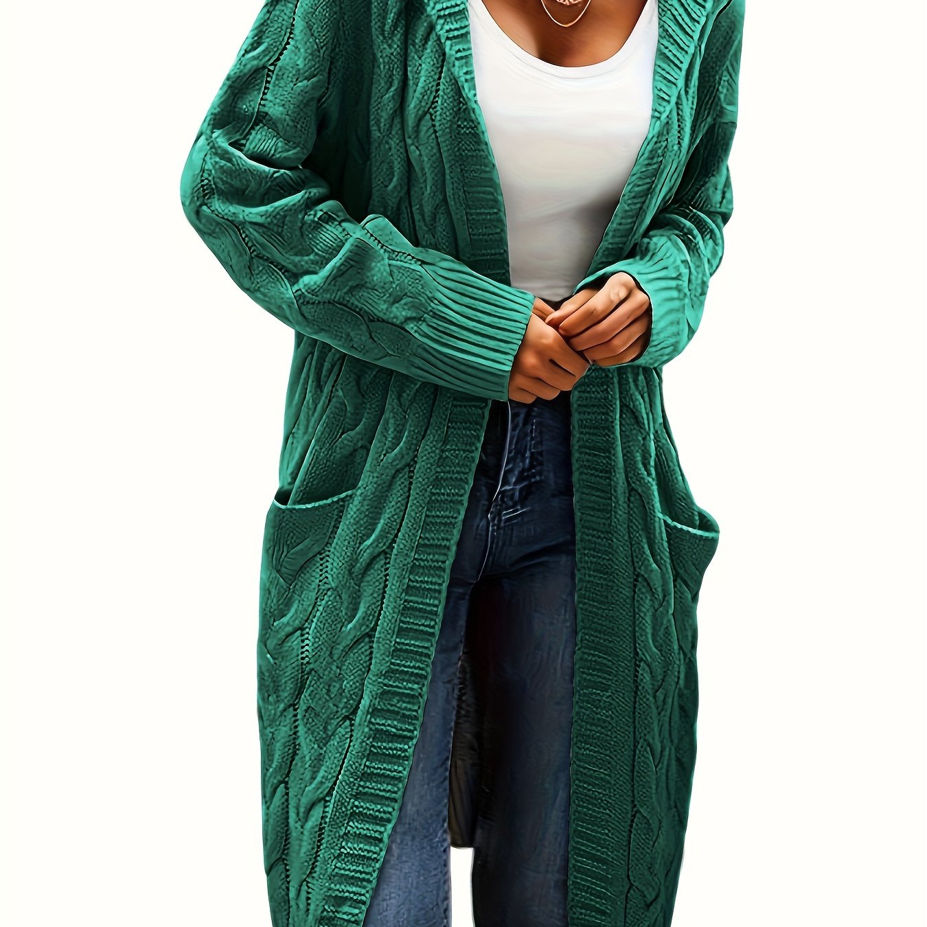 [Open Front] Women's Casual Cardigan - Black Cable Knit, Long Sleeve, Open Front with Pockets - Relaxed Fit for Fall/Winter