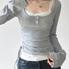 SassyGals 2-Piece Autumn Outfit – Knitted Long Sleeve T-Shirt & Lace Strap Tank Top with Drawstring Waist (Square Neck, No Stretch)