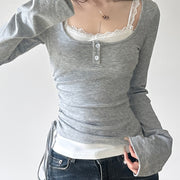 SassyGals 2-Piece Autumn Outfit – Knitted Long Sleeve T-Shirt & Lace Strap Tank Top with Drawstring Waist (Square Neck, No Stretch)