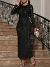 Elegant Black Sequin Twist Front Long Sleeve Bodycon Dress for Women - Cinched Waist, Form-Fitting Party & Evening Wear for Spring/Fall, Sequin Formal Dress