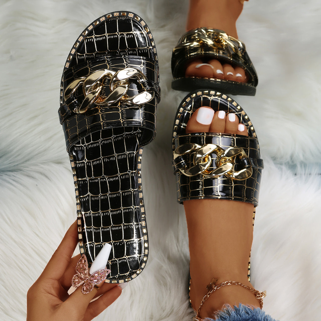 Women's Metal Chain Decor Flat Slippers, Fashion Open Toe Non Slip Slides Shoes, Casual Outdoor Slippers