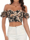 Elegant Vintage Floral Print Backless Ruffle Trim Crop Top with Built-In Bra - Machine Washable, Polyester