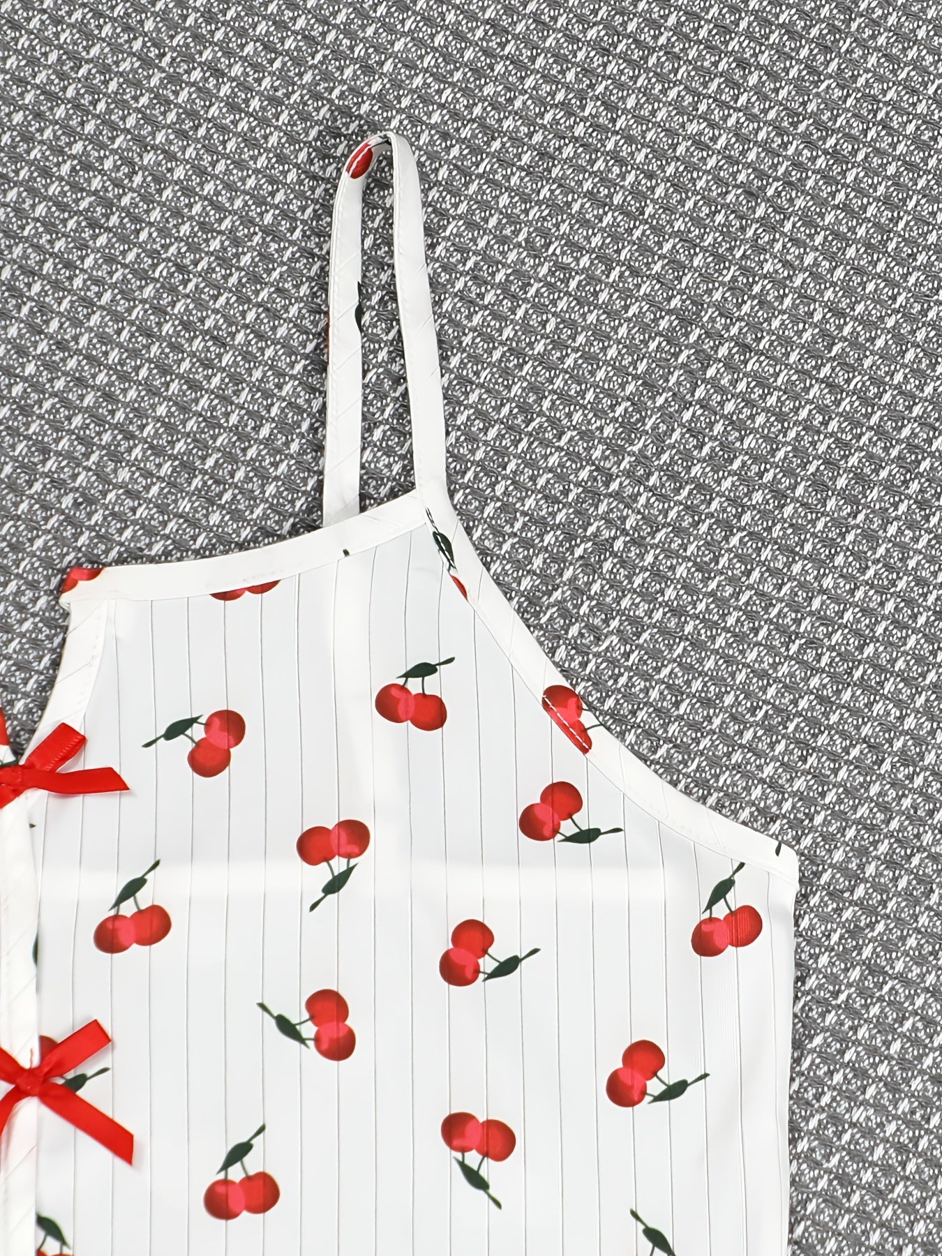 [Cherry Print Knit Pullover Pajama] Women'S Elegant Cherry Print Pajama Set, Sexy Spaghetti Strap Backless Long Pants, Knit Fabric Pullovers with Contrast Mesh, Polyester 95% Elastane 5%, Spring/Summer/Fall Sleepwear