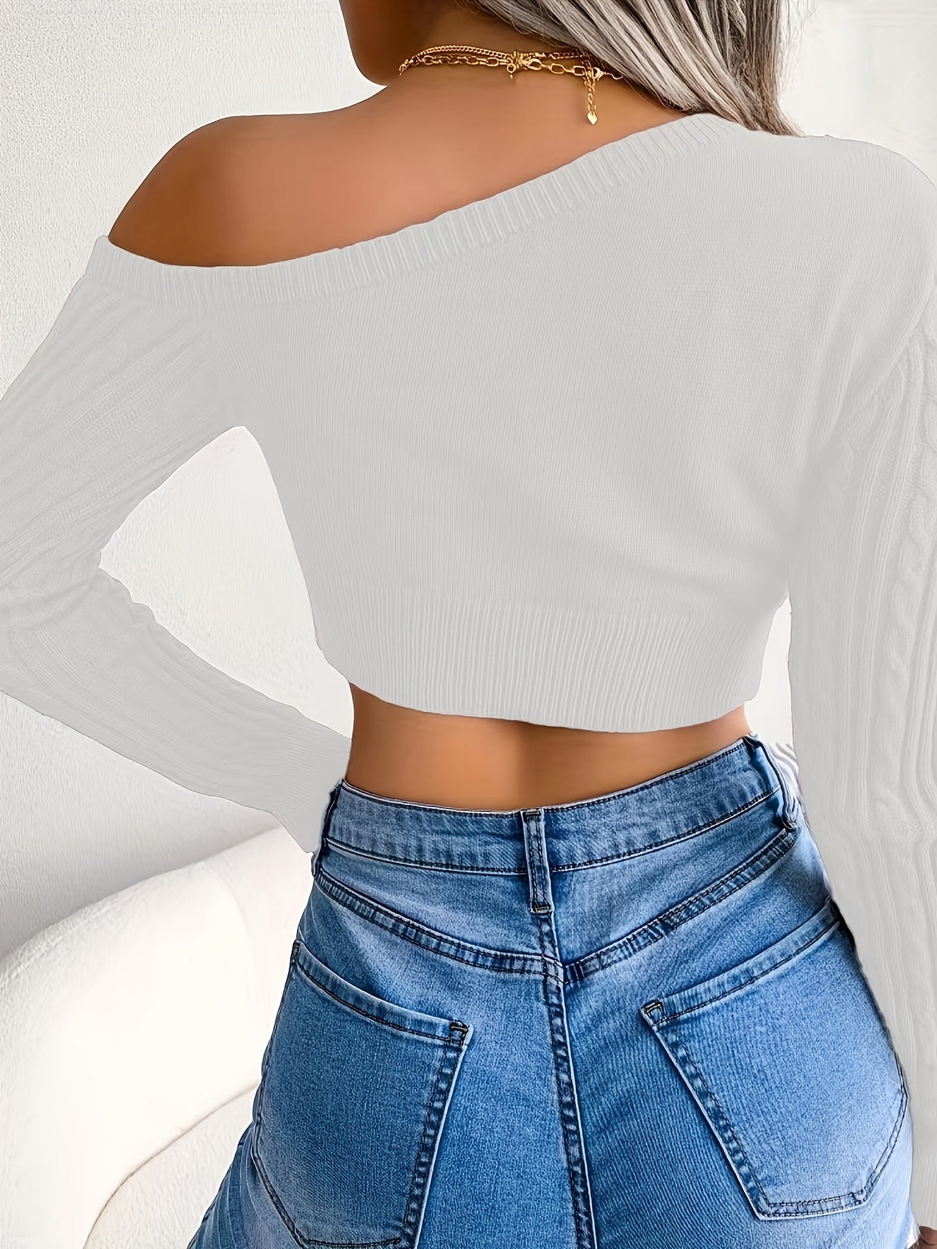 Cropped Slanted Shoulder Long Sleeve Cable Knit Sweater - Soft,Sexy,Form-Fitting, and Flattering - Womens Fashion Clothing for Casual Daily Wear, Date Night, and Party Occasions
