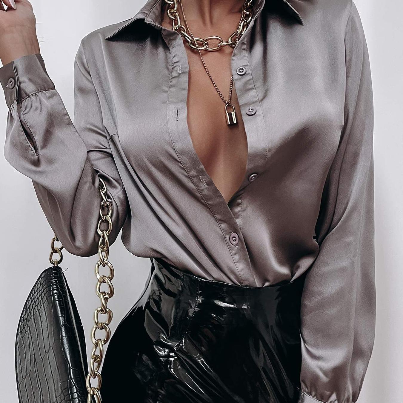 SATIN SOLID BUTTON FRONT BLOUSE