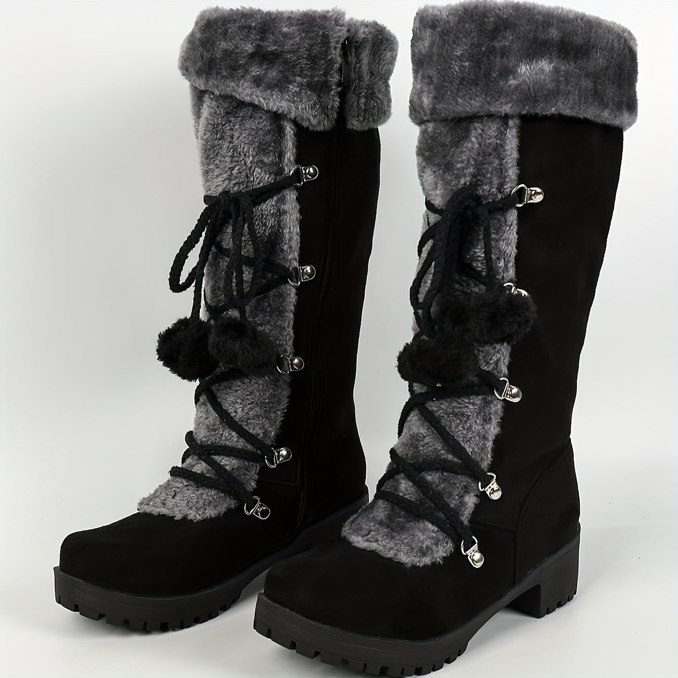 Warm Mid-Calf Winter Snow Boots - Elegant Women's Fur-Lined Knight Boots with Chunky Heel, Pom-Pom Accents & Side Zipper - Cozy Thermal Insulated Riding Boots for Cold Weather
