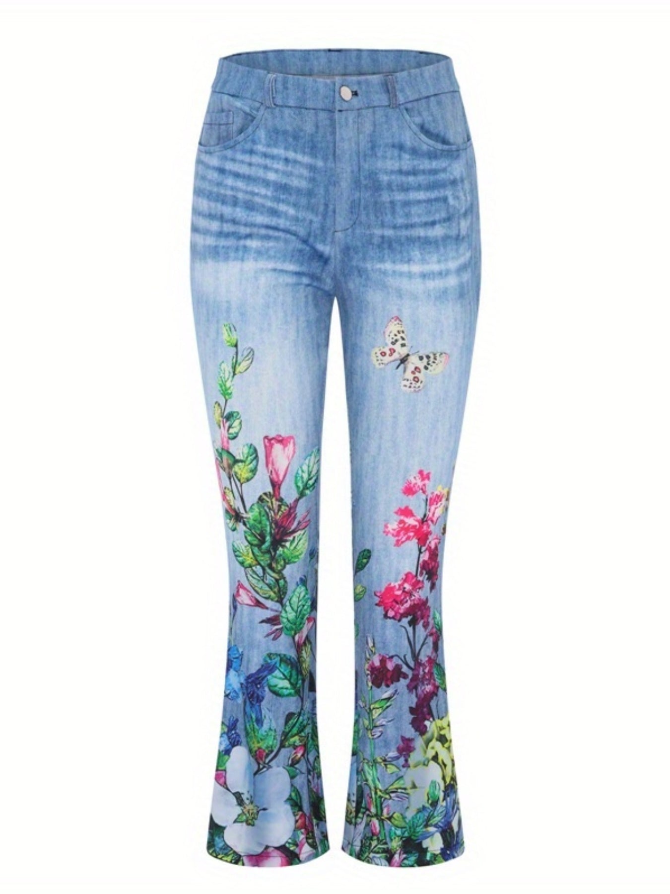 Women's Vibrant Floral Print Flared Jeans - Casual Bell Bottom Denim Pants with Slash Pockets, Stretchy & Comfortable, Perfect for All Seasons