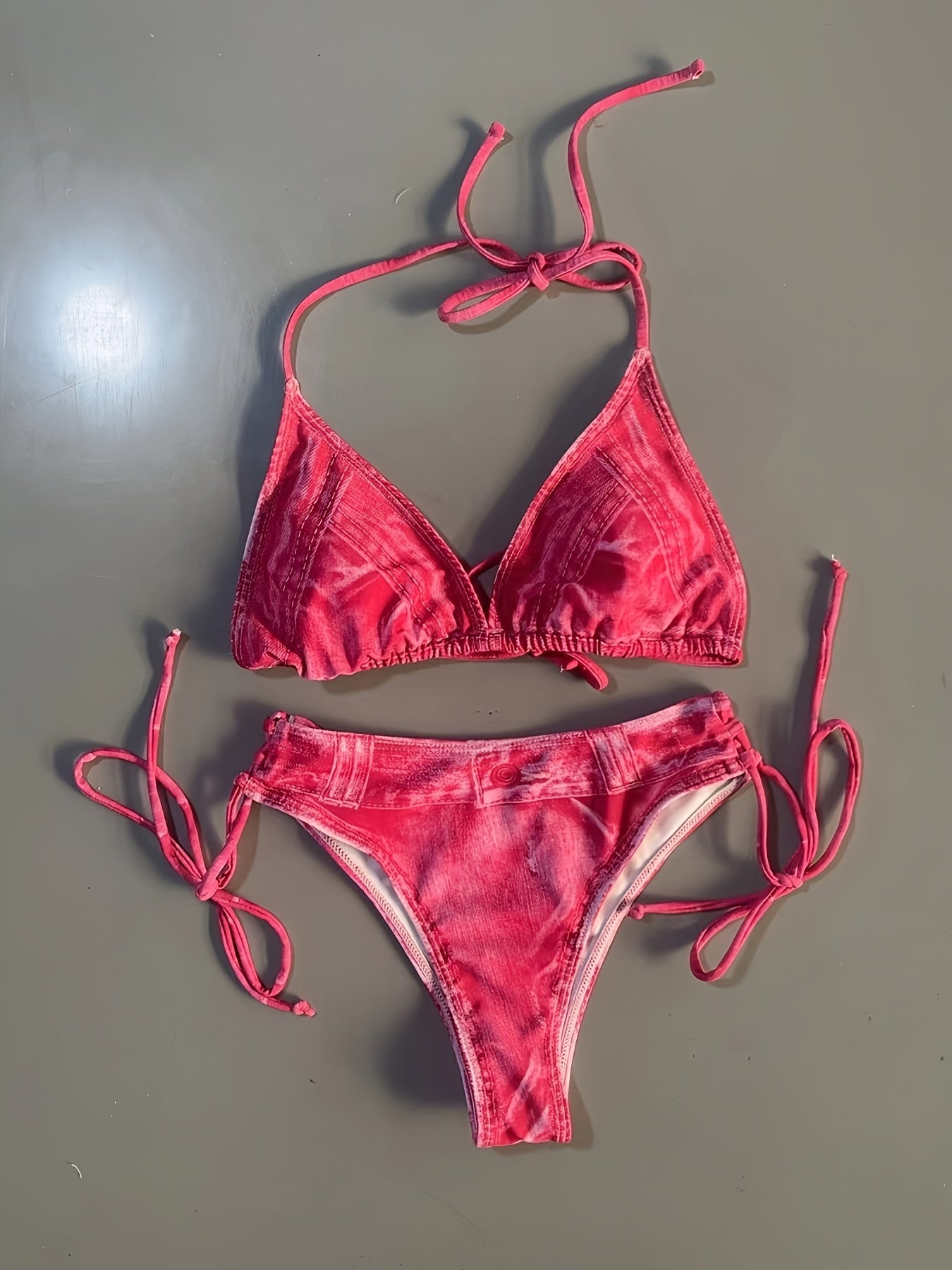 2 Piece Faux Denim Print Triangle Bikini Set - Tie Strap Halter Backless Design, Adjustable Straps, Ruffled Trim, Women's Swimwear & Clothing for Summer Beach Vacation