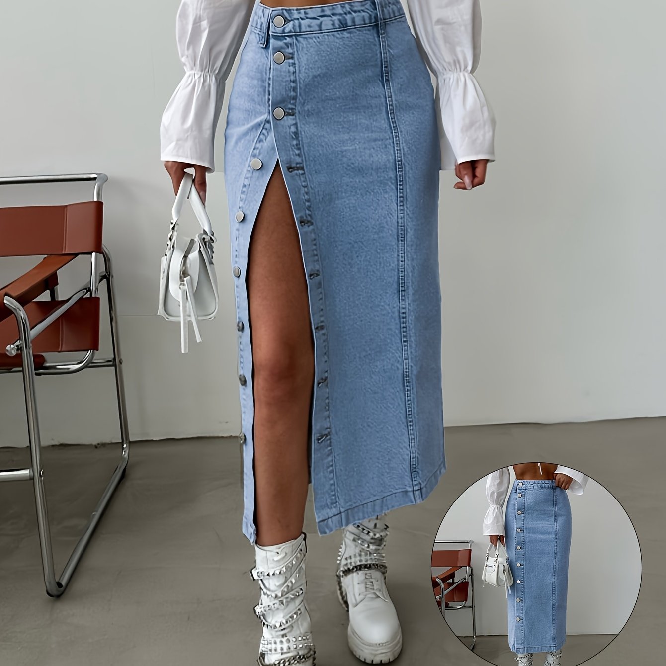 1pc NVFelix Women'S Casual Denim Midi Skirt, Front Button Detail, Solid Color, Non-Stretch, Straight Cut, Woven Fabric, for Spring/Summer/Autumn