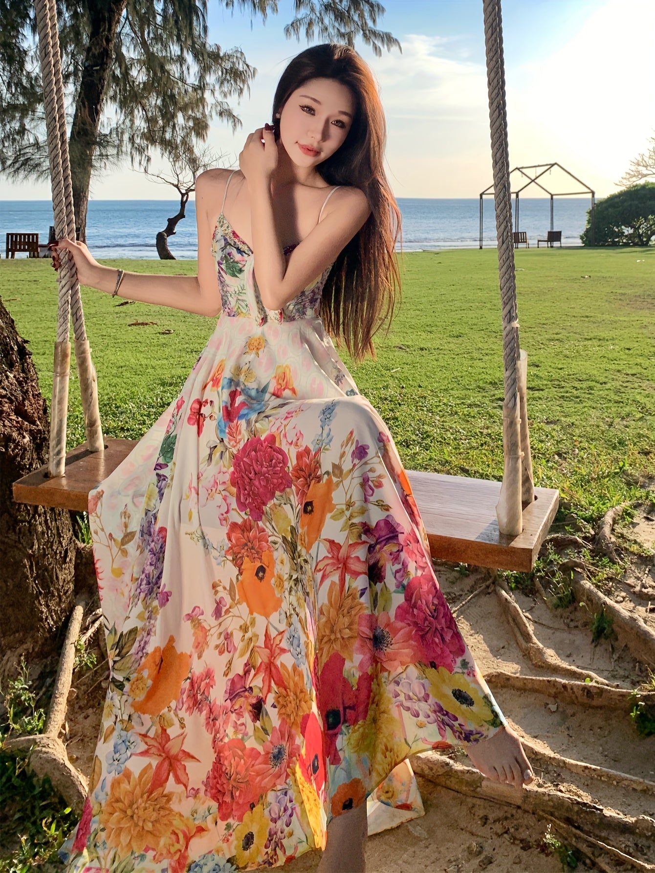 Women's Vibrant Floral Print Sleeveless Maxi Dress with Tropical V-Neck and Ruffled Hem - Perfect for Summer Vacations and Beach Outings, Vacation Attire | Fitted Waist, Beach Dress