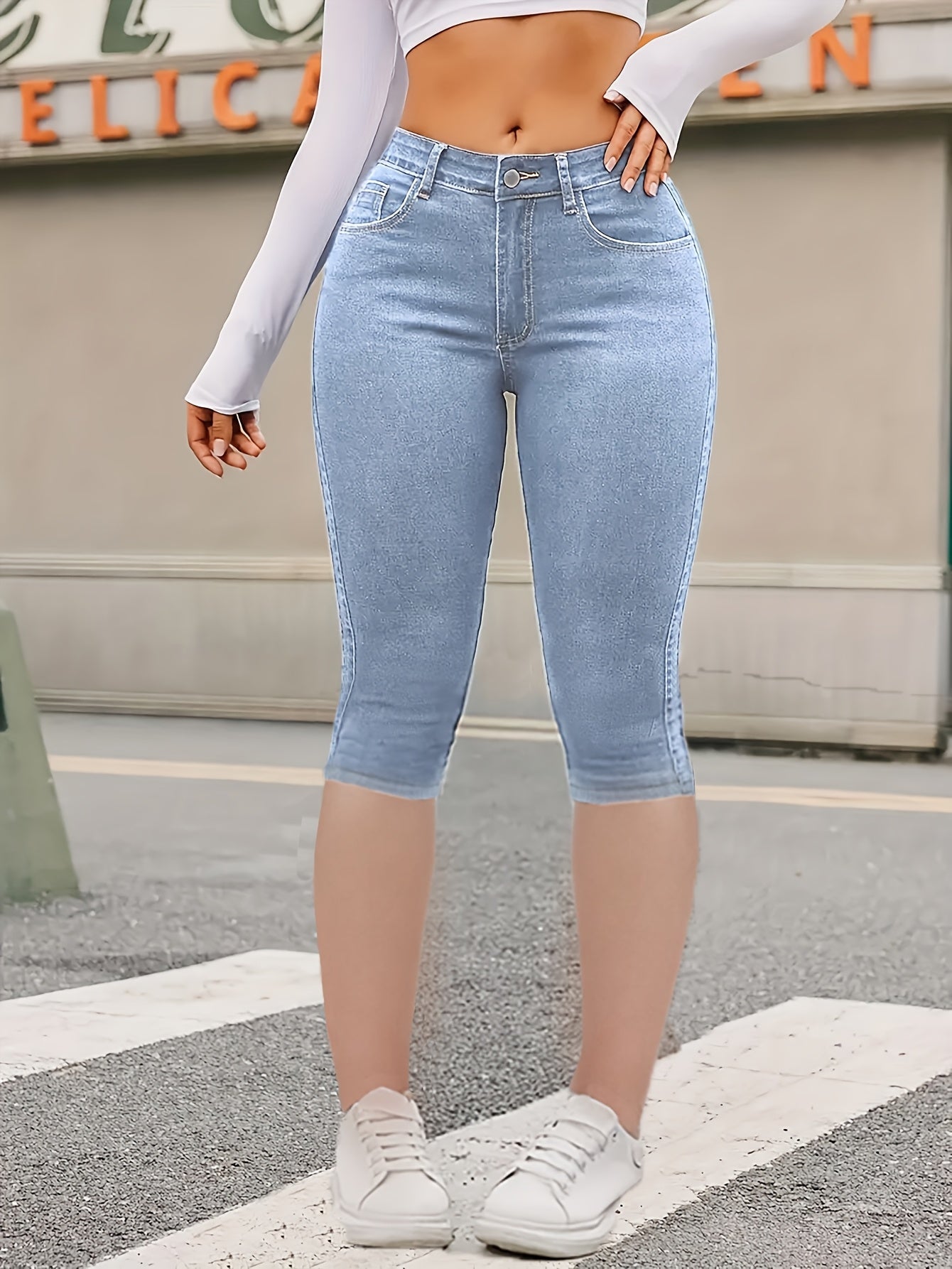 Women'S Casual High Elasticity 7-Inch Denim Shorts - Skinny Fit, Zipper Fly, Button Closure, Light Blue, Spring/Summer Fashion, Casual Wear|Skinny Fit Jeans|Zipper Fly Jeans