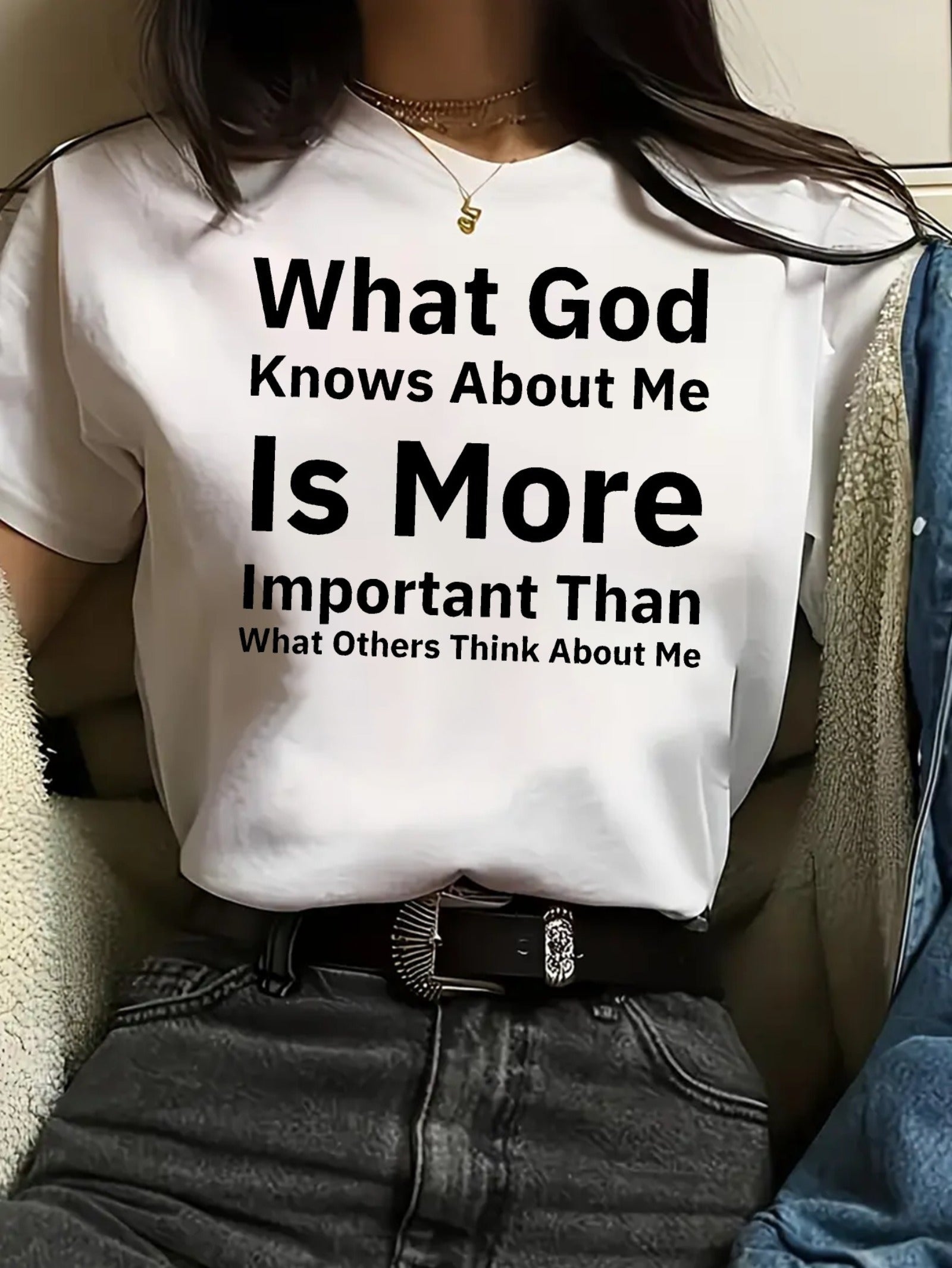 Women's Graphic T-Shirt - "What God Knows About Me Is More Important" Print, Short Sleeve Crew Neck, Casual Spring/Summer Top, White with Black Lettering, 100%, Machine Washable, T Shirts
