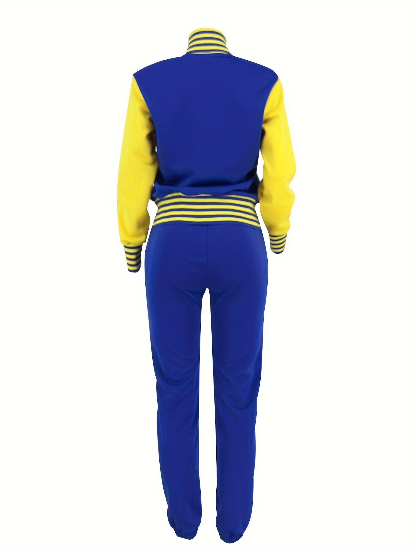 Two-piece Set, Button Front Varsity Jacket & Drawstring Jogger Pants Outfits, Letter Pattern Casual Women's Clothing