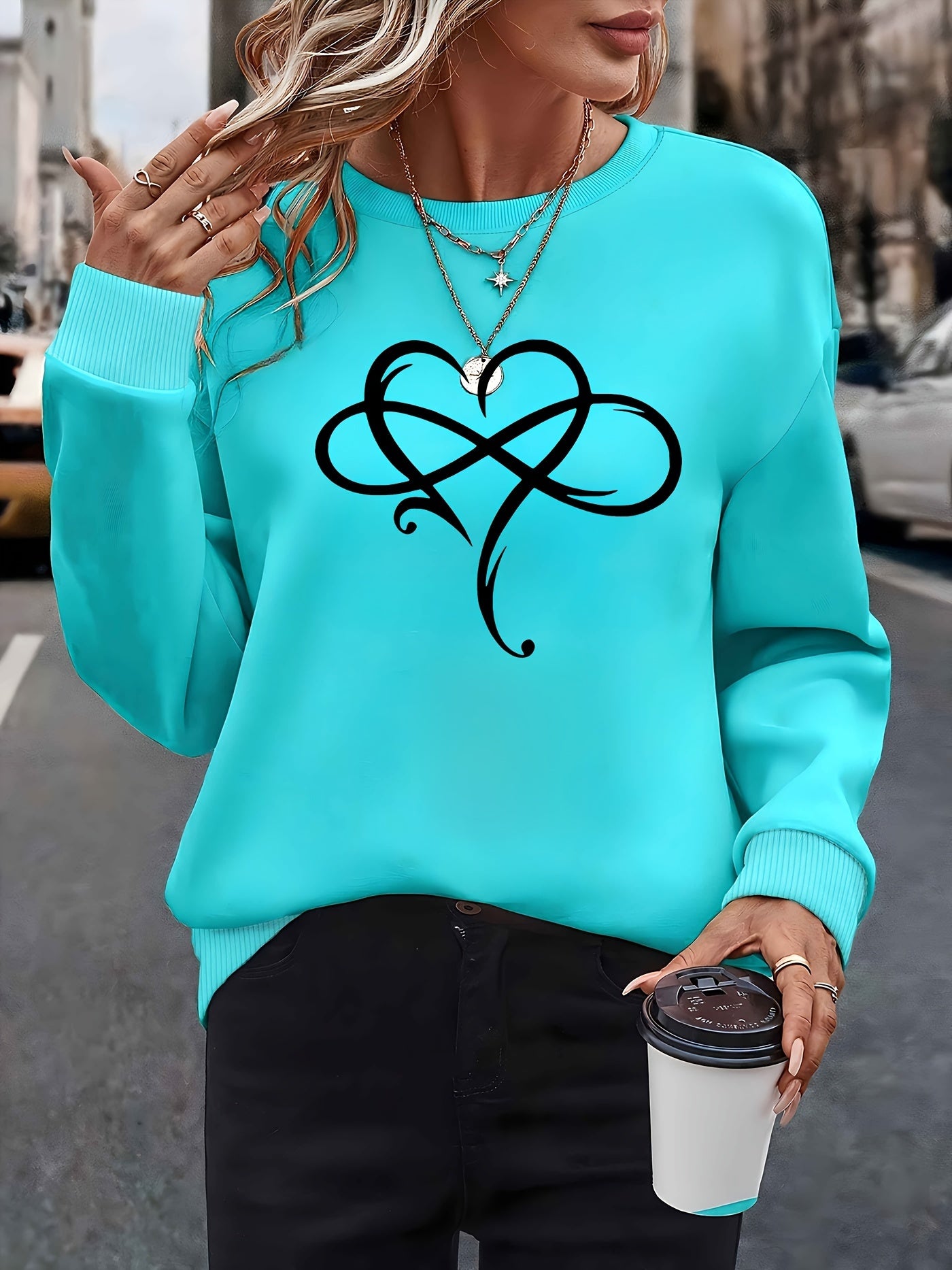 Elegant Crew Neck Sweatshirt for Women with Creative Heart Design - 100% Polyester Knit Fabric, Long Sleeve Pullover for All Seasons