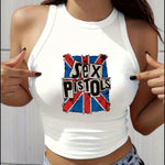 Women's Y2K fashion letter print, round neck short sleeved tank top with camisole, trendy spring and summer seasonal artistic Women's holiday party clothes, popular cute loose dopamine 's youthful style