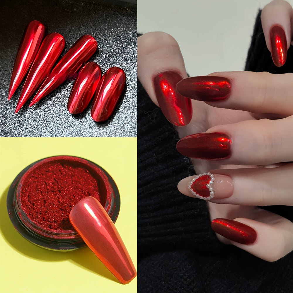 Magic Mirror Two-color Powder Dipping Set! Golden and red glitter + mirror super bright, with sponge brush, create noble high-end nail special effects, long-lasting without peeling off! One box can achieve advanced makeup eff