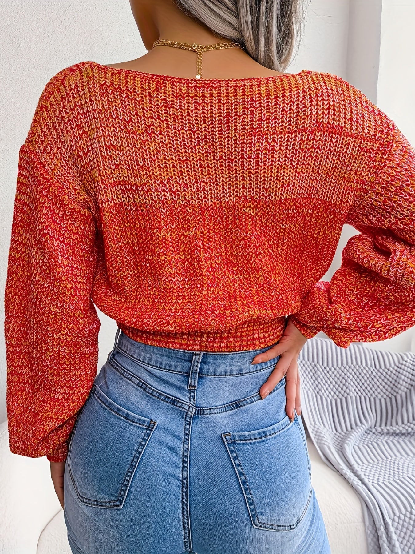 Vibrant Ombre Crisscross Knit Crop Top - Sexy Deep V-Neck, Medium Stretch, Mid Elasticity, Acrylic Fabric, Winter Season, Knit Fabric Weaving - Womens Fashionable Clothing for Fall and Winter