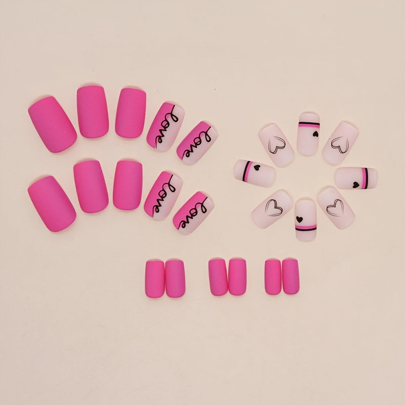 Glossy Pink Square Press-On Nails with Love Heart Design - Medium Length Valentine's Day False Nails for Women & Girls, Sweet & Stylish Nail Art, Fashion Accessories | Heart Nail Art | Vibrant Pink Nails, Cute Nails