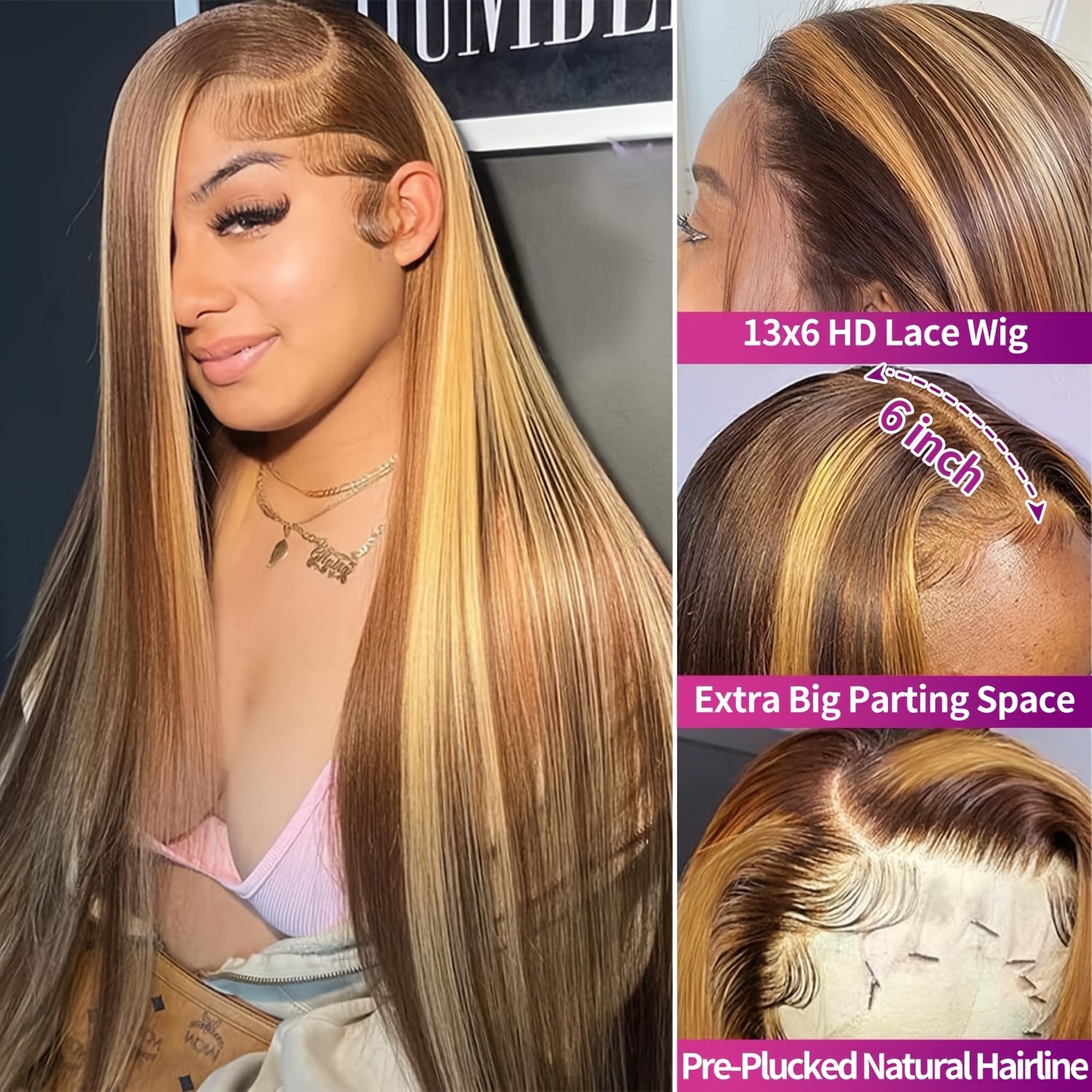 30 Inch Ombre Highlight 13x6 HD Transparent Lace Front Wig Human Hair - Pre-Plucked 180% Density Glueless Honey Blonde to Darker Brown Wig for Women, Party & Casual Attire, All Ethnicities, Wig Accessories