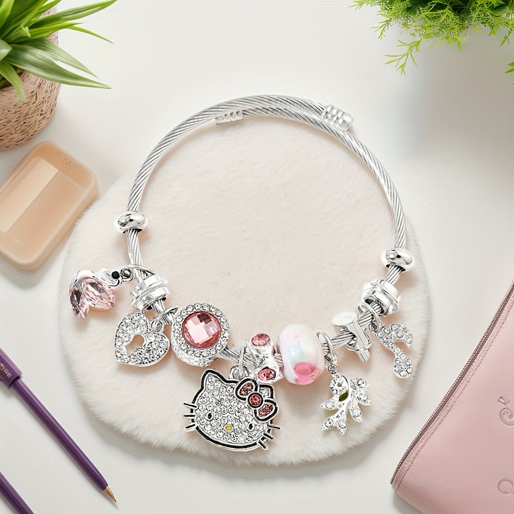 Sanrio for hello kitty Pendant Necklace, Cute Cartoon, Adjustable, Hollow, Zinc Alloy, Durable, with Shiny Beads, for Teenagers, Valentine'S Day