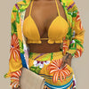 3pcs Vibrant Summer Women's Outfit: Sexy Red Halter Top & Floral Print Shorts Set with Sheer Long Sleeve Shirt - Polyester Blend, Machine Washable, Perfect for Vacation, Sexy, New Style, Print, 3pcs Set, Women's Clothing