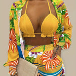3pcs Vibrant Summer Women's Outfit: Sexy Red Halter Top & Floral Print Shorts Set with Sheer Long Sleeve Shirt - Polyester Blend, Machine Washable, Perfect for Vacation, Sexy, New Style, Print, 3pcs Set, Women's Clothing