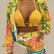 3pcs Vibrant Summer Women's Outfit: Sexy Red Halter Top & Floral Print Shorts Set with Sheer Long Sleeve Shirt - Polyester Blend, Machine Washable, Perfect for Vacation, Sexy, New Style, Print, 3pcs Set, Women's Clothing