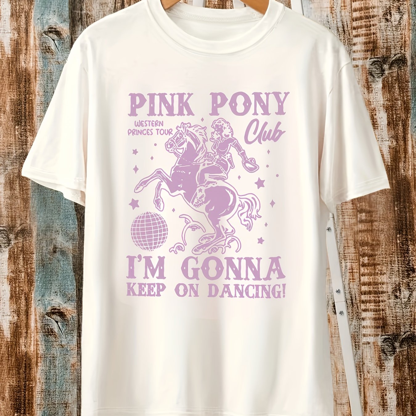 Women'S Pink Pony Club Graphic Tee - "I'm Gonna Keep on Dancing" Print, Casual Crew Neck Short Sleeve T-Shirt, Spring/Summer Fashion Top, Cute and Elegant Styl