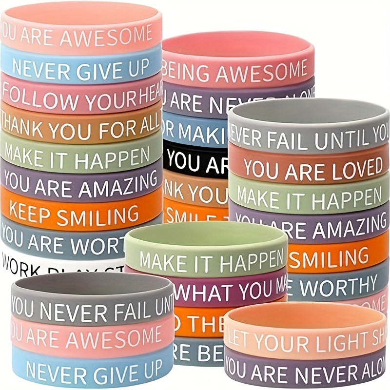 64pcs Inspirational Silicone Bracelets - Colorful Motivational Wristbands for Women, Men, Teens, Teachers & Office Use - 16 Unique Designs with Positive Affirmations like "Never Give Up," "Be Amazing" and "Keep Smiling" - Per