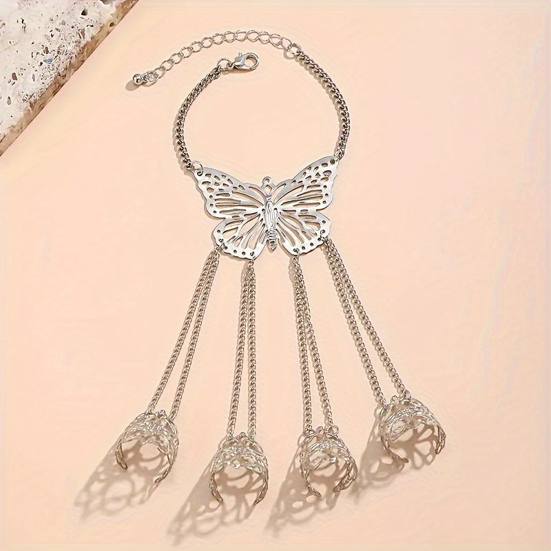 Vintage Butterfly Cuff Bracelet with Ring Chain, Unplated Alloy Hand Chain Jewelry, Hollow Design for Daily Wear - Single Piece