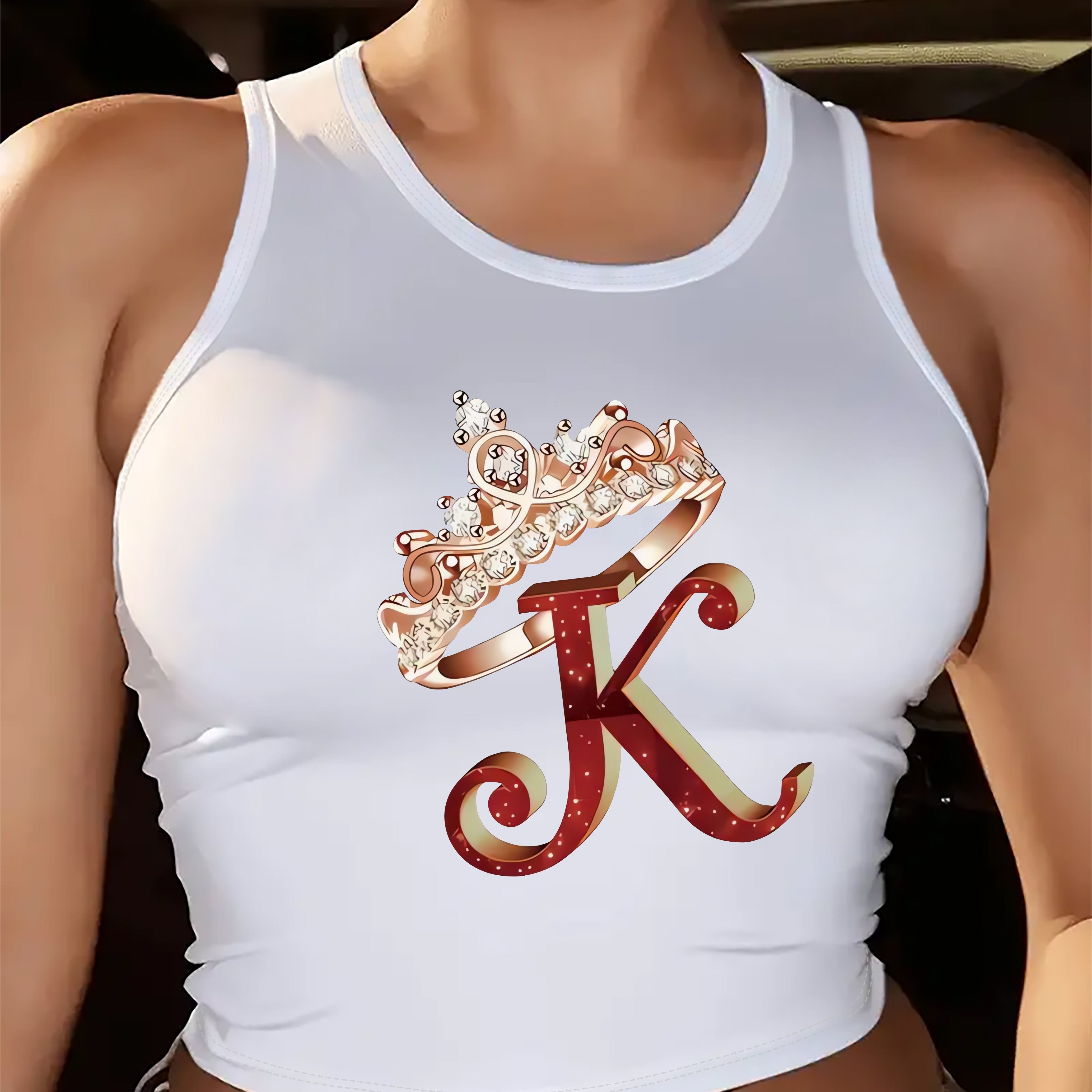 Chic Maroon Sleeveless Tank Top for Women with Crown & "K" Design - Casual Crew Neck, Breathable Polyester Blend, Perfect for Spring/Summer