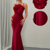 Women'S Stylish Red Off-Shoulder Gown with Large Floral Embroidery - Polyester, Bodycon Fit, Knit Fabric, Perfect for Adult, All Season, Elegant Evening Wear, Floral Embroidery Dress | Offshoulder Gown | Knit Fabric Gown