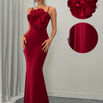 Women'S Stylish Red Off-Shoulder Gown with Large Floral Embroidery - Polyester, Bodycon Fit, Knit Fabric, Perfect for Adult, All Season, Elegant Evening Wear, Floral Embroidery Dress | Offshoulder Gown | Knit Fabric Gown
