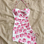 Chic Women's Floral Print Asymmetrical Hem Halter Dress - Sleeveless, Tie-Front Detail, Romantic Vacation Style, Perfect for Summer Layering