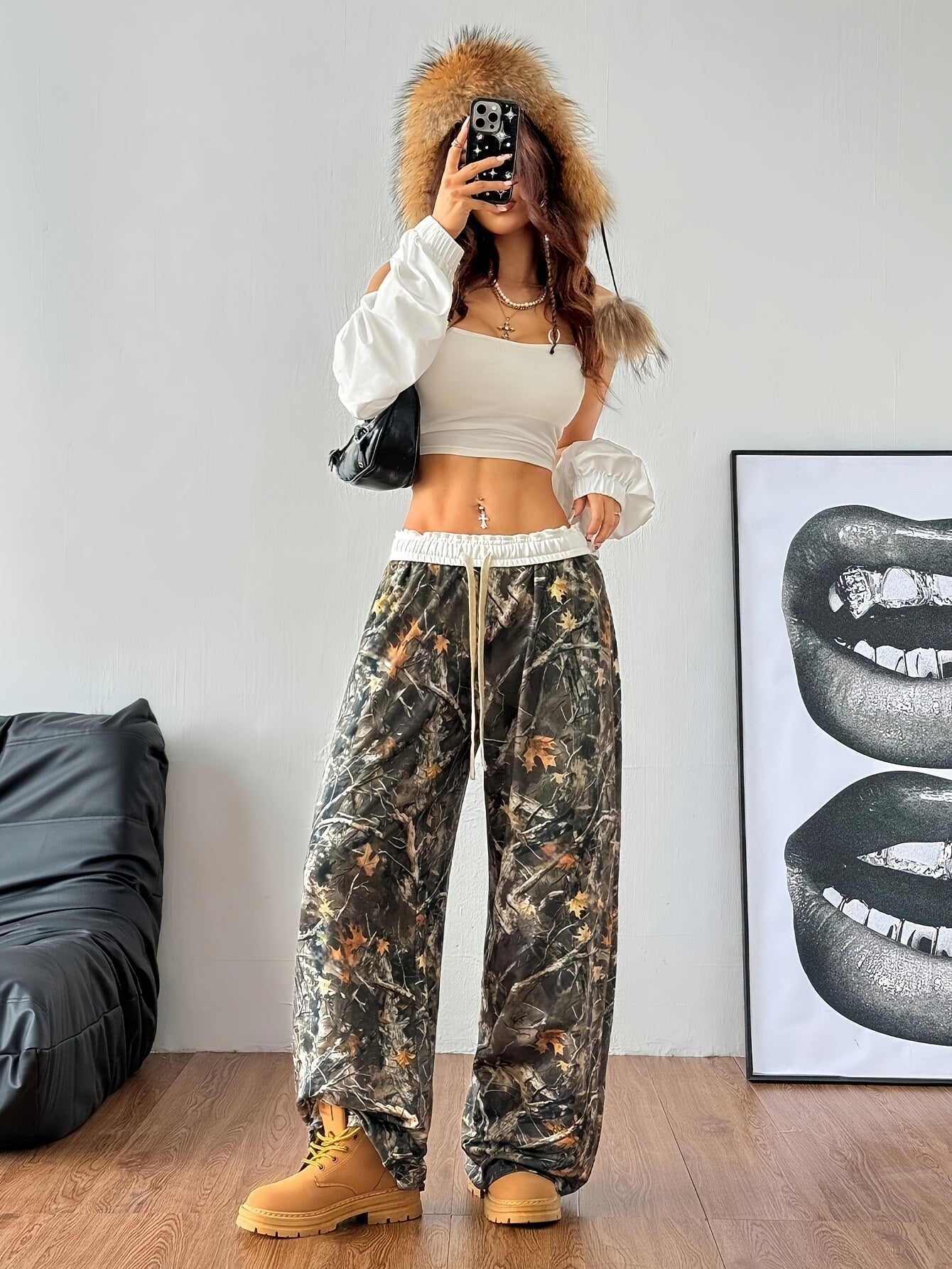 Women's Autumn and Winter Back-to-School Basic Knitted Camouflage Elastic Comfortable Military Green Wide-Leg Sports Pants