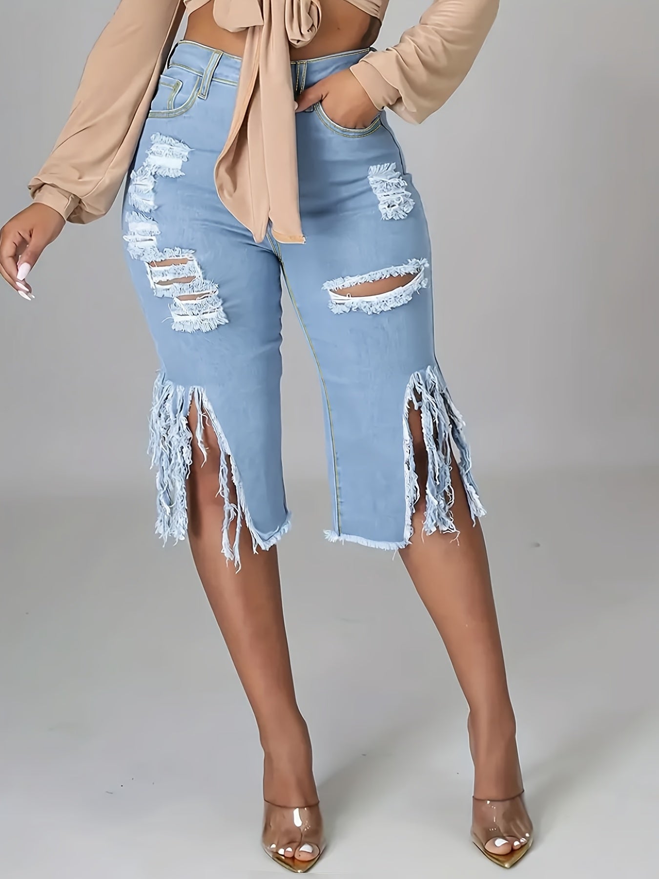 Plus Size Newest Design High Waist Hole Tassels Washed Summer Women Female High Street Denim Pants