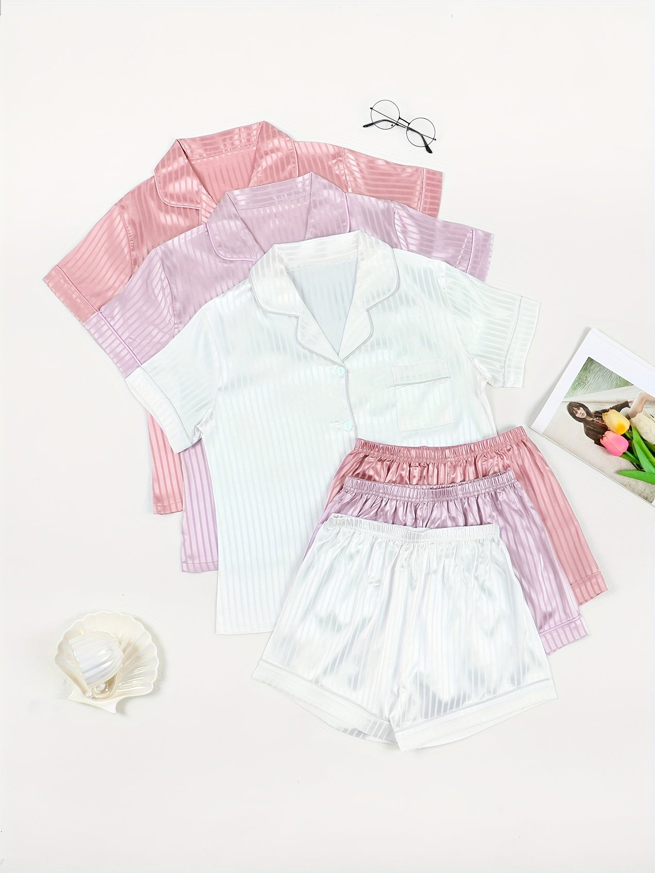 3pcs Women's Exclusive Pajama Set with Female Buttoned Turnover Collar, Open Cardigan, Pocket Stripes and Contrast Color Short Sleeves and Shorts for Elegant Comfortable Home Wear