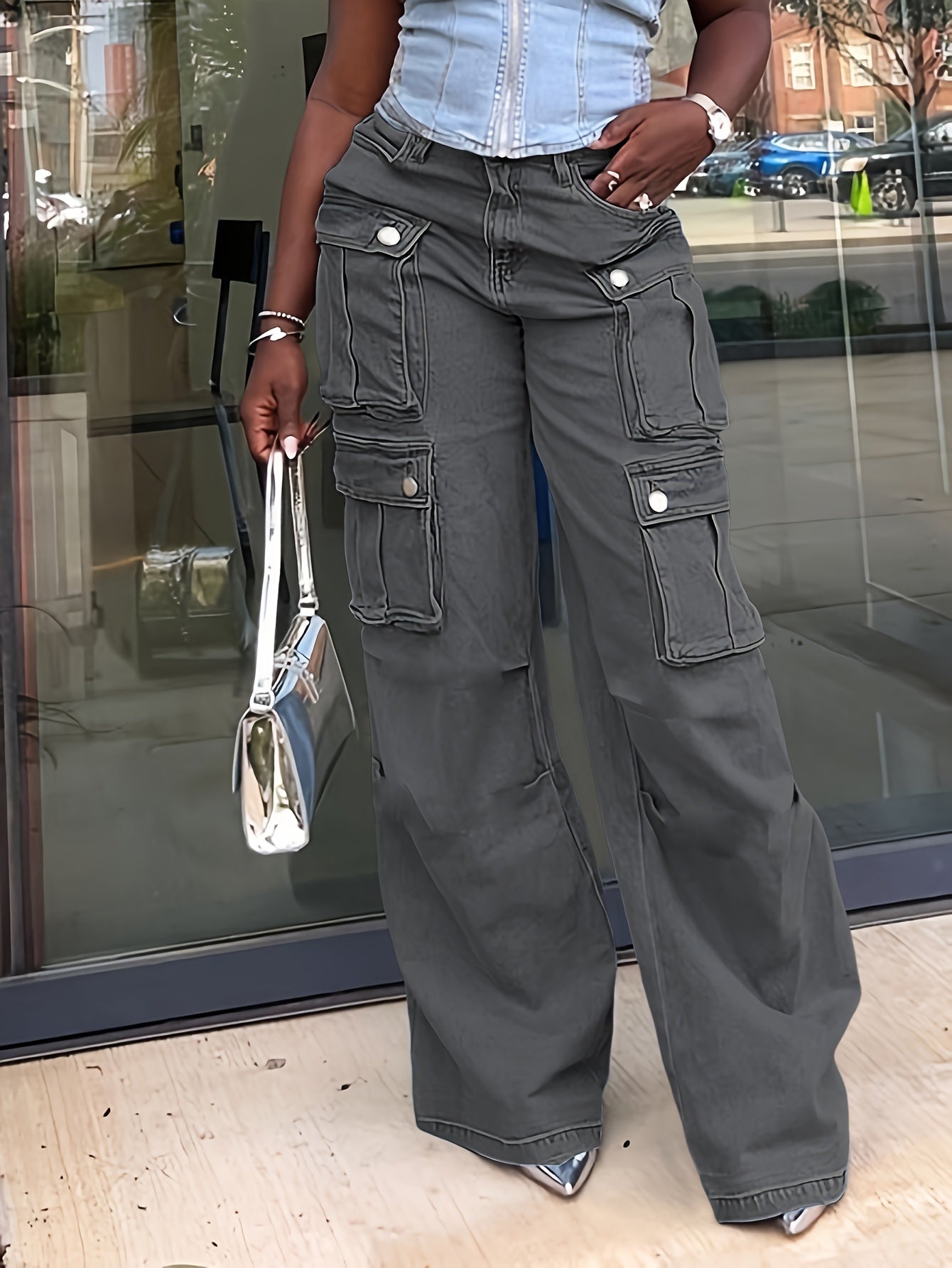 Ladies' Fashionable Retro Y2K Work Pants, High Waist Loose Wide Legs, Pockets, Comfortable Casual Style, Street Fashion Denim Pants